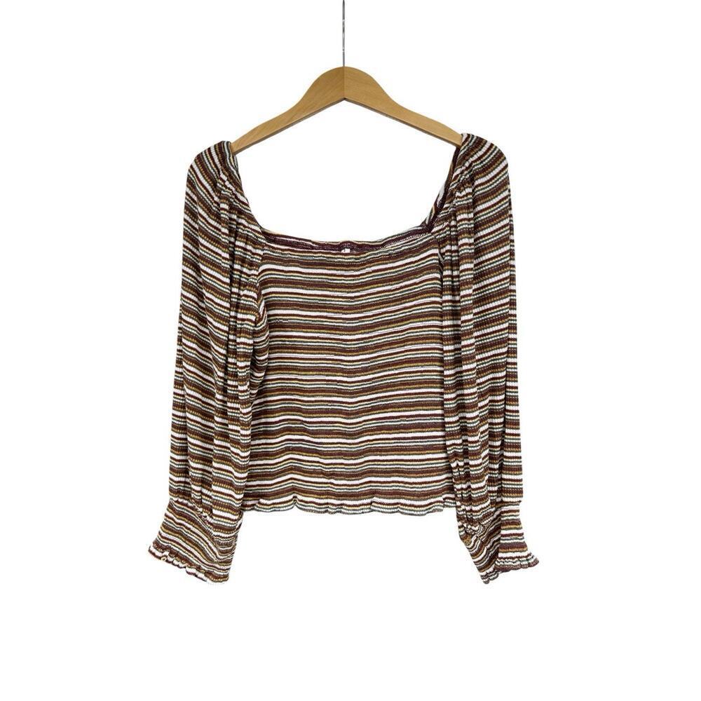Anthropologie Smocked Puff Sleeve Fall Color Striped Long Sleeve Top Womens XL